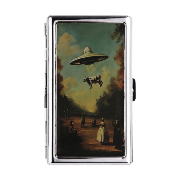 Korthållare Vintage stil 10 x 6 x 2 cm Metallisk Silver Motiv UFO och kor i gammal målning Stil Två fack För visitkort och kort 1
