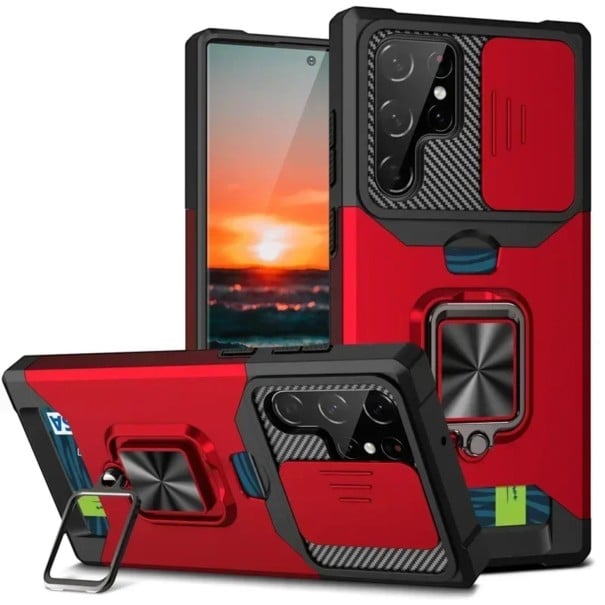 Fodral för Samsung Galaxy S25 med linslock, utfällbar ring med magnet och stativ, kortfack, plastskydd röd