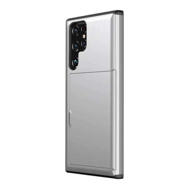 Pouzdro pro Samsung Galaxy S24+ S držákem na karty Kryt s posuvnou kapsou PC a TPU Na platební kartu i doklady stříbrná