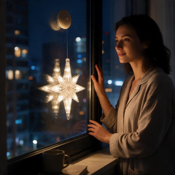 Julhängande LED-ljus Stjärna 27 x 23 cm Åttakantig På AAA-batteri Med Sugkopp Stor Lysande Stjärna Varm Vit För Fönster och Skyltfönster 1