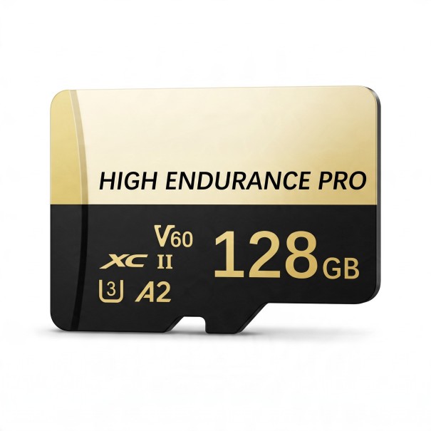 Minneskort microSDXC 128 GB med SD-adapter 1,5 x 1,9 cm Klass U3 V60 A2 Vattentålig och stöttålig Svartguld För mobil och kamera 1