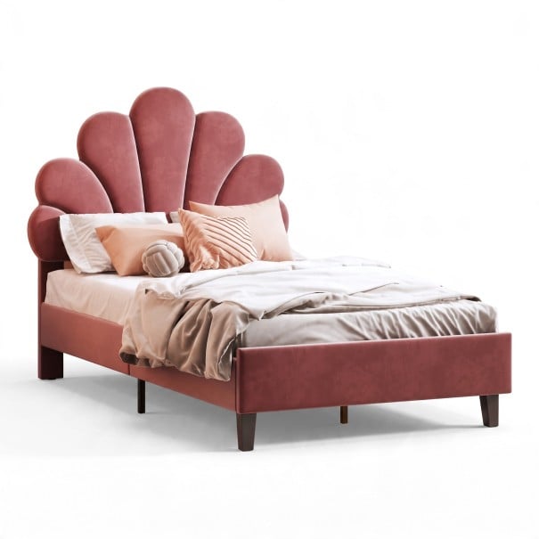 Polstradad barnsäng 90 x 200 cm med skallformad huvudgavel Höjdjusterbar huvudgavel Maxvikt 200 kg Enkelsäng rosa