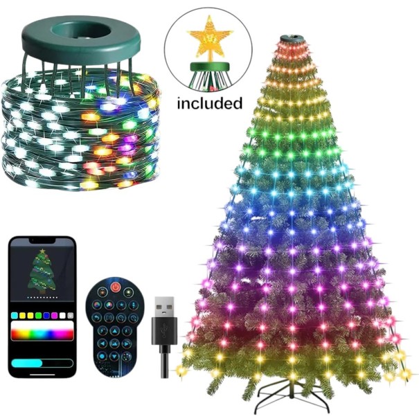 Julbelysning för gran LED vattenfall 2,1 m 400 LED RGB Egna mönster och musikläge App och fjärrkontroll USB IP65 Med stjärna 1