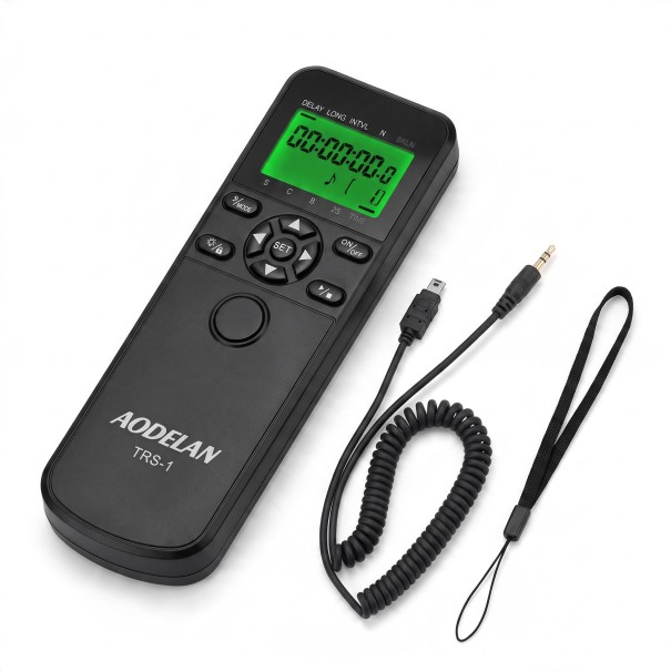 Kabelremote med timer AODELAN TRS-1 N10 för Nikon 15,5 x 4 x 2 cm Bakgrundsbelyst display Svart För timelapse och exponering 1