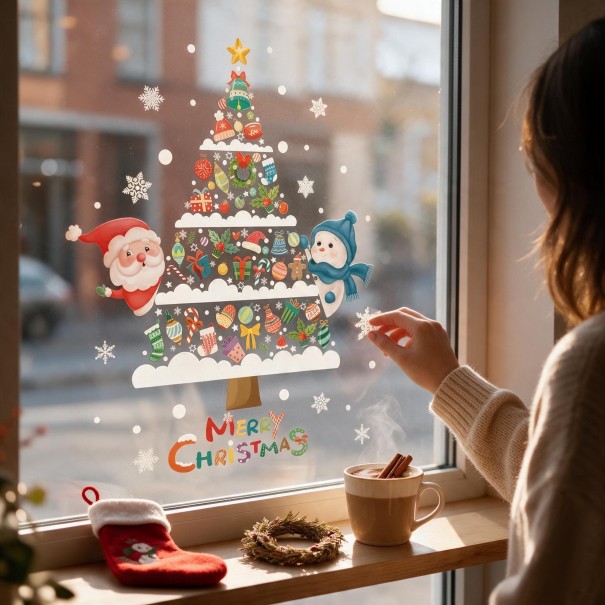 Julklistermärken för fönster Återanvändbara Färgglad gran med dekorationer, jultomte och snögubbe Texten God Jul Fönsterdekoration 1