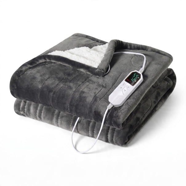 Couverture chauffante électrique en flanelle et agneau 8 niveaux de température Minuterie jusqu'à 12 h Télécommande numérique Lavable en machine Grise 1