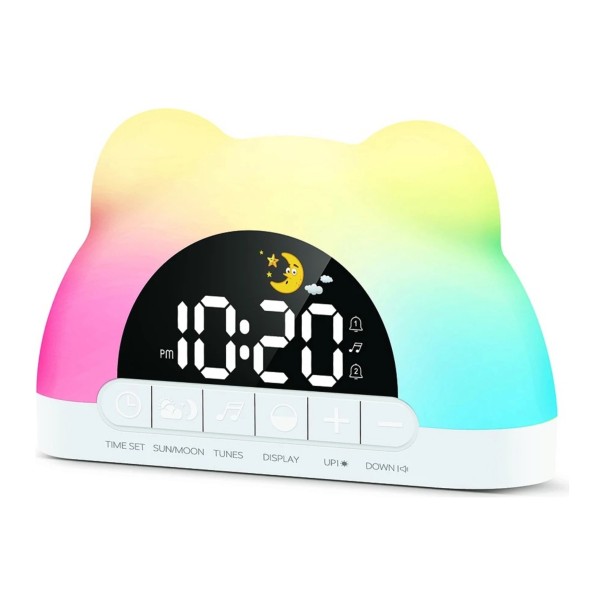 Barn digital väckarklocka med färgglatt nattljus Björn med öron 11 färger 2 väckningar USB-port 16 x 10 cm Vit För barnrummet 1