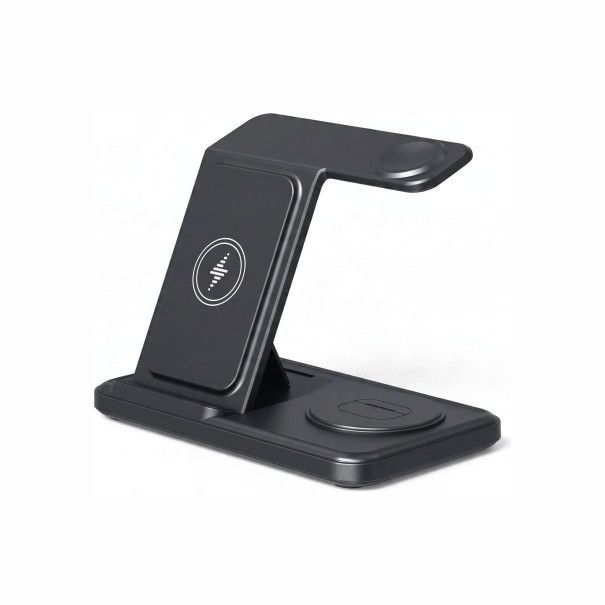 Fällbar trådlös laddningsstation 3i1 15 W för Samsung Galaxy telefon, klocka och Buds USB-C nattduksbord svart