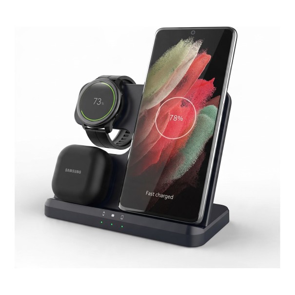 Trådlös laddningsstation 3i1 15 W för Samsung Galaxy telefon, klocka och Buds USB-C Svart Ställ med laddningsindikator för nattduksbord 1