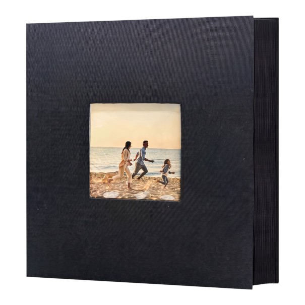 Stort linne fotoalbum 300 sidor för foton 10 x 15 cm Mått 33 x 30 cm Med fönster i omslaget Svarta sidor För familjefoton svart