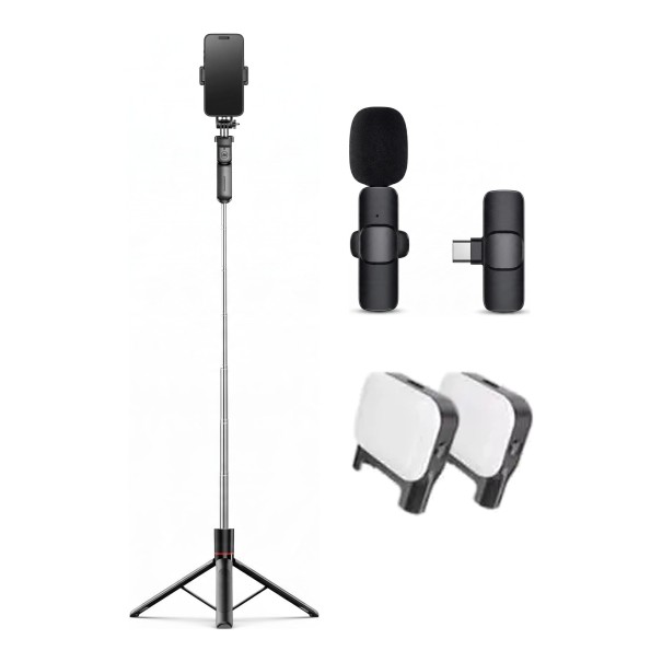 Selfie-stativ med 1,7 m, 2 LED-lampor och mikrofon med USB-C-mottagare, Bluetooth-kontroll, 360° telefonhållare, svart för videor 1