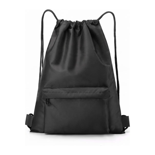 Stahovací vak na záda 44 x 33 cm Voděodpudivý nylonový batoh s kapsou na zip Unisex Do posilovny školy i na výlety černá