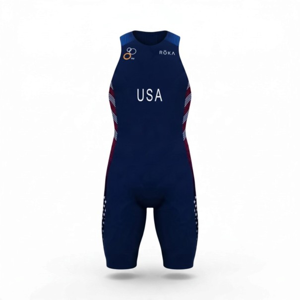 Herrcykelsats Tröja utan ärmar och shorts Elastiskt material 80 % polyester och 20 % spandex Mörkblå med röda och vita ränder XXS