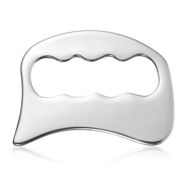 Grattoir gua sha en acier inoxydable 9,5 x 8 cm Plaque de massage avec trou pour les doigts Argenté Pour le massage des muscles du dos, des jambes 1