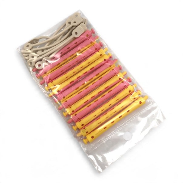 Bigoudis à permanente avec élastique Ensemble de 12 pièces 9 x 1 cm Bigoudis en plastique ABS Rose et jaune Pour des coiffures volumineuses 1