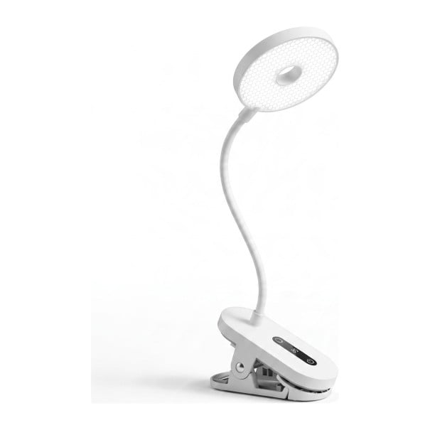 Wiederaufladbare LED-Lampe mit Clip Rundlicht 8,6 cm 5 Modi Timer 25 min Flexibler Arm 39,5 cm 1200 mAh USB-C Weiß Zum Lesen und für den Tisch 1