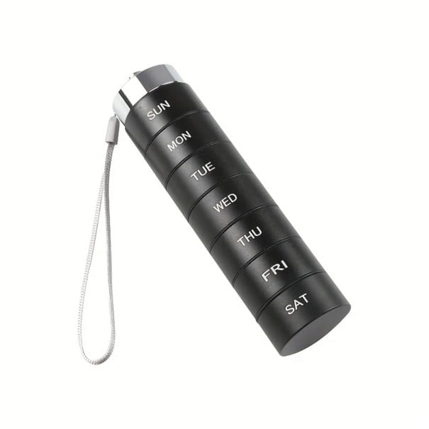 Distributeur de médicaments empilable pour 7 jours Boîtier en aluminium à vis pour comprimés 14,2 cm Avec attache Pour les voyages noir