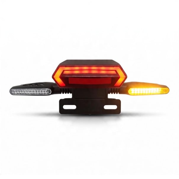 Zadní LED světlo na elektrokolo s blinkry 22 až 80 V Brzdové a koncové světlo Šířka 295 mm Plast Černé Krytí IPX5 S držákem na nosič 1