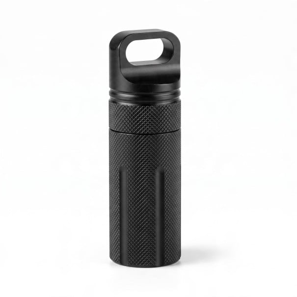 Capsule en aluminium pour médicaments Étui étanche pour comprimés 9,7 x 3 cm Bouchon à vis avec œillet pour clés Boîte EDC de poche noir