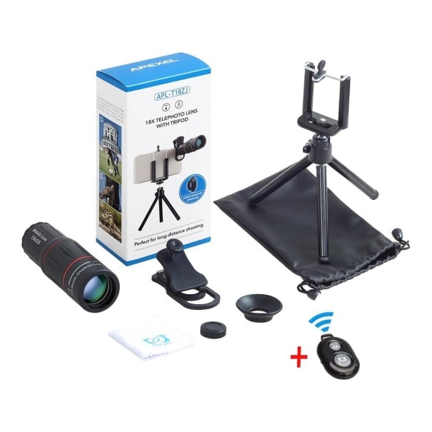 Teleobjetivo para móvil 18x con trípode y control remoto Bluetooth Monocular 18x25 Con enfoque manual Clip universal Negro para iOS y Android 1