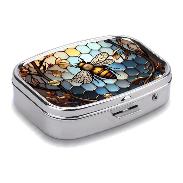 Boîte à médicaments en métal avec 2 compartiments et miroir 5,5 x 4 x 1,5 cm Étui à pilules avec motif abeille Argenté Boîte de poche pour les voyages 1