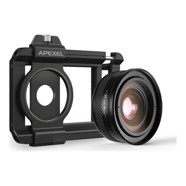 Makro objektiv na mobil Zoom 10-20x Ostření od 1,5 cm Závit pro filtry 52 mm Držák na telefon a očnice Černý pro iOS i Android 1