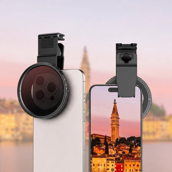 Variable ND Filter for Mobile ND2-ND400 67 mm with Clip and Reducing Ring Light Mount Optical Glass Black for Long Exposure 1
