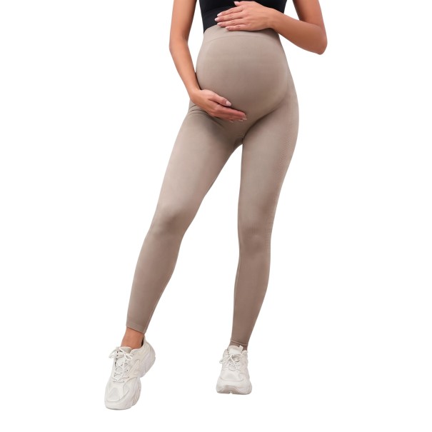 Maternity Leggings with High Waist Over Bump Elastic Leggings for Pregnant Women with Perforated Side Stripes Long Beige L