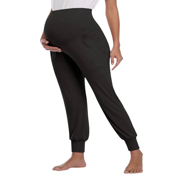 Pantalons de grossesse pour femmes avec taille haute sur le ventre jogger avec poches latérales et poignets 1