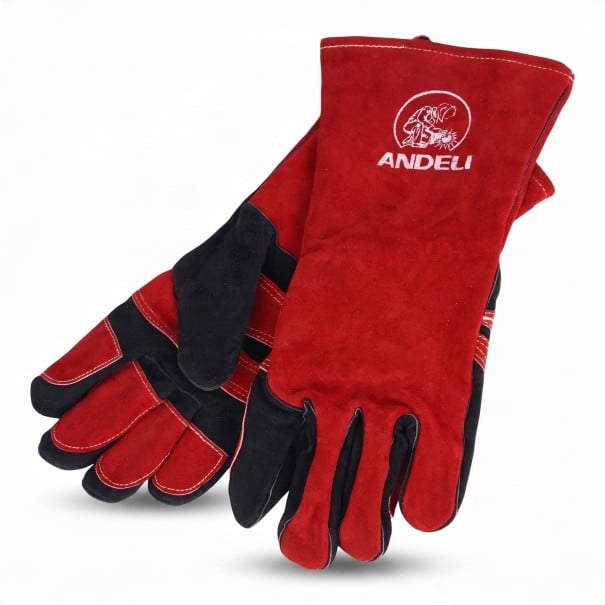 Luvas de soldadura TIG e MIG Resistente ao calor até 300 °C Comprimento 35,6 cm Manga prolongada Couro com costura em kevlar Vermelho e preto 1