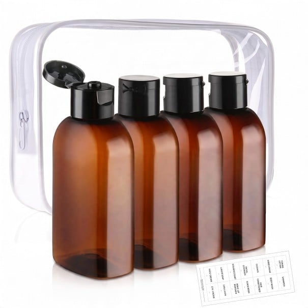 Set of 4 Travel Bottles 100 ml with Flip Top Cap Clear Zip Bag and Labels for Shampoo and Shower Gel brown
