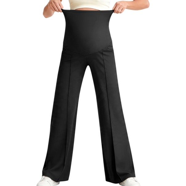 Pantalons de grossesse pour femmes avec jambes larges et taille haute élastique sur le ventre, pantalons avec poches et plis noir XL