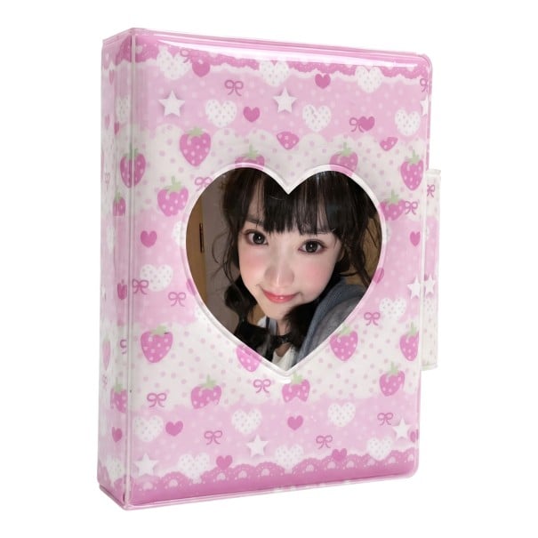 Mini pořadač na fotokarty 10,5 x 7,7 x 3 cm 16 stran PVC Růžový obal s jahůdkami a okénkem ve tvaru srdce Album na fotokartičky 1