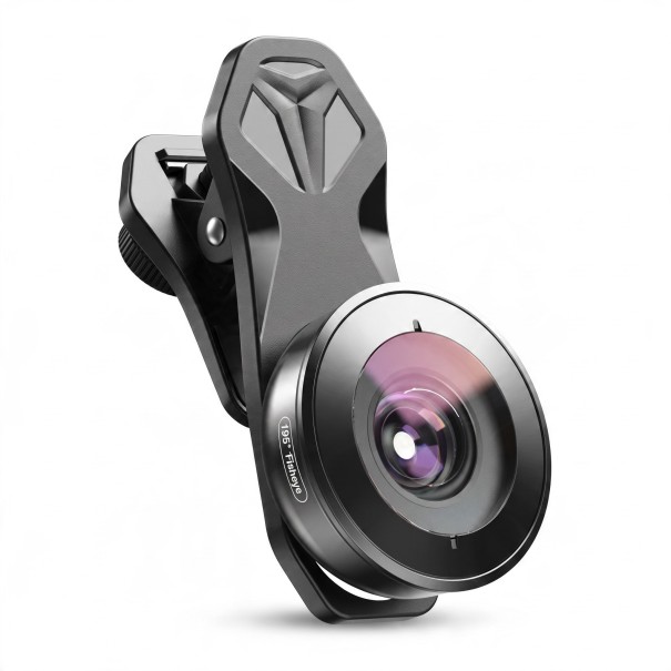 Fisheye objektiv til mobil 195° med universalklip Optiske glaslinser Aluminiumskrop Sort Til kreative og sportsoptagelser 1