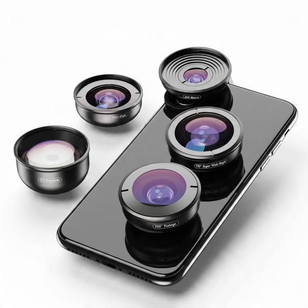 Mobilobjektiv sæt 5i1 Fisheye 195° Vidvinkel 170° og 110° Makro 10x Teleobjektiv 2x Med universal klip og etui Sort 1
