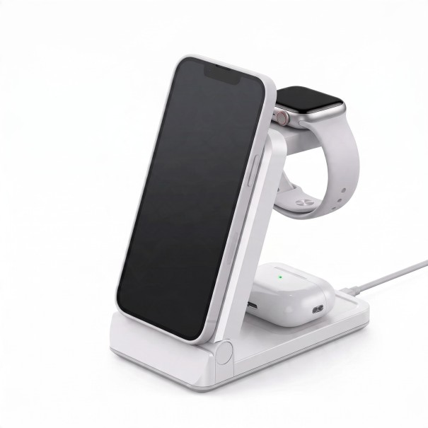 Cargador inalámbrico magnético 3 en 1 Soporte plegable para iPhone Apple Watch y AirPods Entrada USB-C Incluye cable blanco