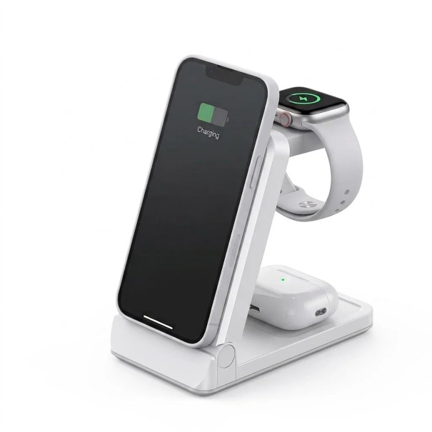 Cargador inalámbrico magnético 3 en 1 Soporte plegable para iPhone Apple Watch y AirPods Entrada USB-C Sin cable blanco