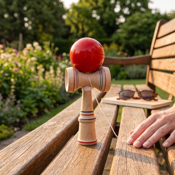 Kendama Træ med striber Japansk spil med bold på snor 17 cm Bold 4,5 cm Træning af koordination For børn og voksne rød