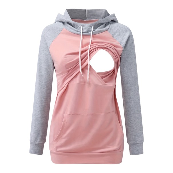 Felpa da donna per gravidanza e allattamento con cappuccio e apertura nascosta per allattamento felpa allungata con tasca a marsupio rosa S