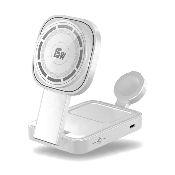 Magnetická bezdrátová nabíjecí stanice 4v1 15 W pro iPhone Apple Watch a AirPods Indikátor nabíjení Vstup USB-C bílá