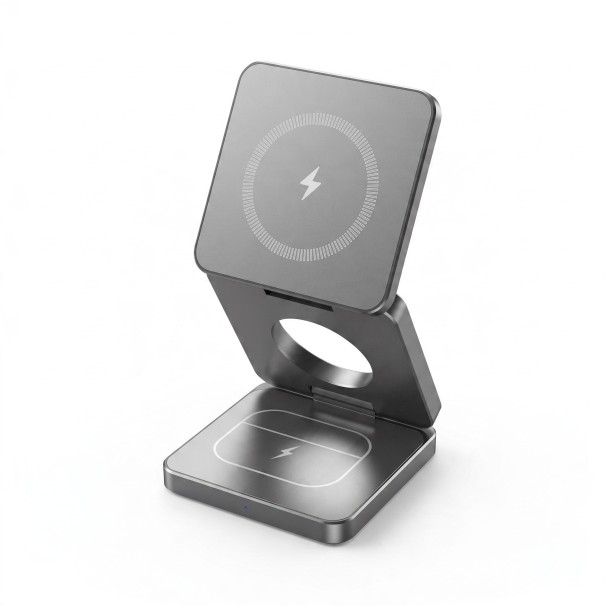 Cargador inalámbrico magnético plegable 3 en 1 Qi 15 W para iPhone Apple Watch y AirPods 68 x 68 x 23 mm con cable USB-C gris