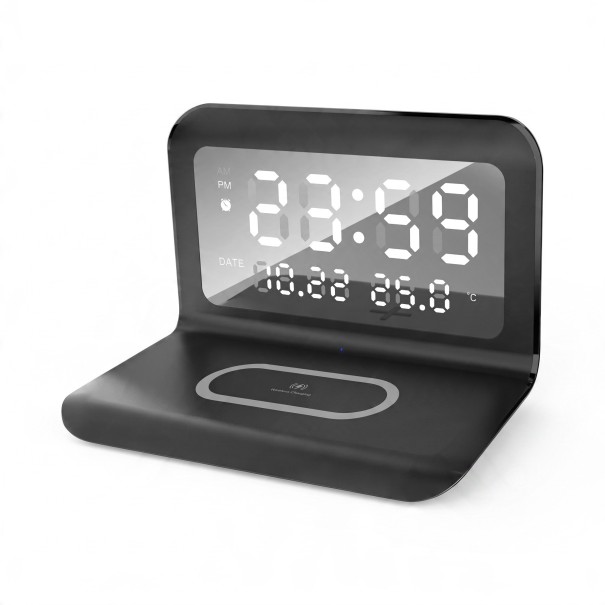 Digitale wekker met draadloze oplader 15 W LED-display met datum en temperatuur 160 x 75 x 40 mm Voor op nachtkastje zwart