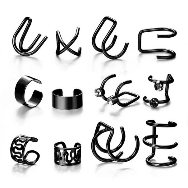 Juego de aretes sin perforación 12 unidades Ear cuff para cartílago Diferentes formas de espirales y tiras Acero inoxidable Color negro unisex 1