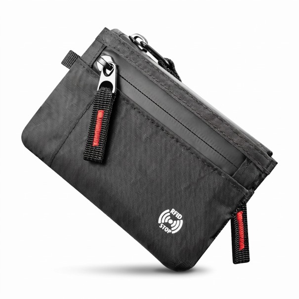 Portafoglio in nylon con zip e protezione RFID 13 x 9 cm Custodia sottile per carte, banconote e monete Nera Unisex Portafoglio EDC da viaggio 1