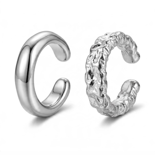 Conjunto de 2 aretes sin perforación Anillo macizo liso y anillo delgado estriado Ear cuff para cartílago Metal Color plata para mujeres 1