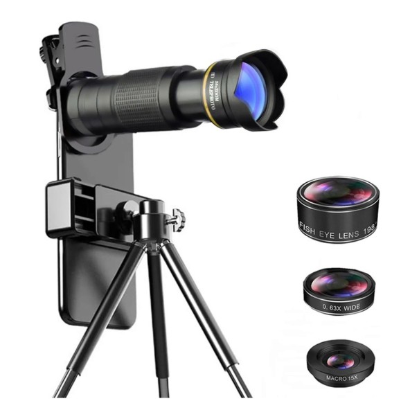 Teleobiettivo per mobile 36x con treppiede e set di 3 obiettivi: Fisheye 198°, Grandangolare 0,63x, Macro 15x Corpo in metallo Nero per fotografare 1