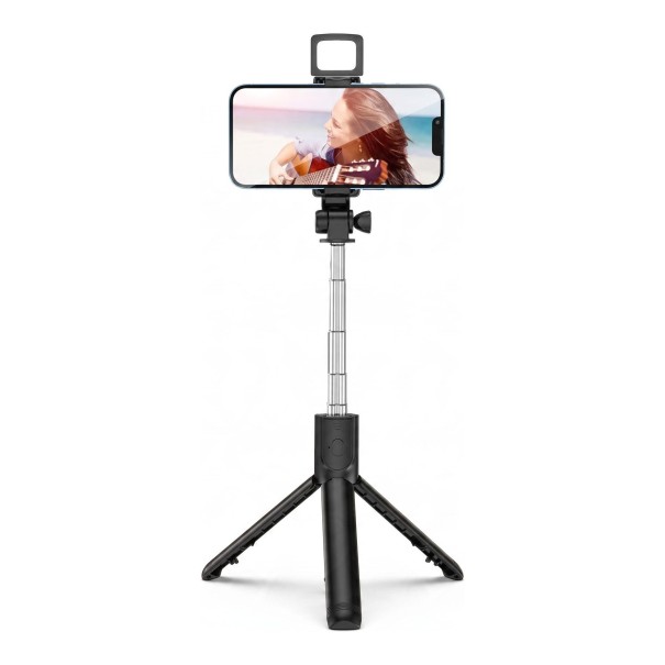 Baton selfie cu trepied 3 în 1 și lumină LED 70 cm Controler Bluetooth detașabil 10 m Suport rotativ 360° Oțel inoxidabil Negru pentru călătorii 1