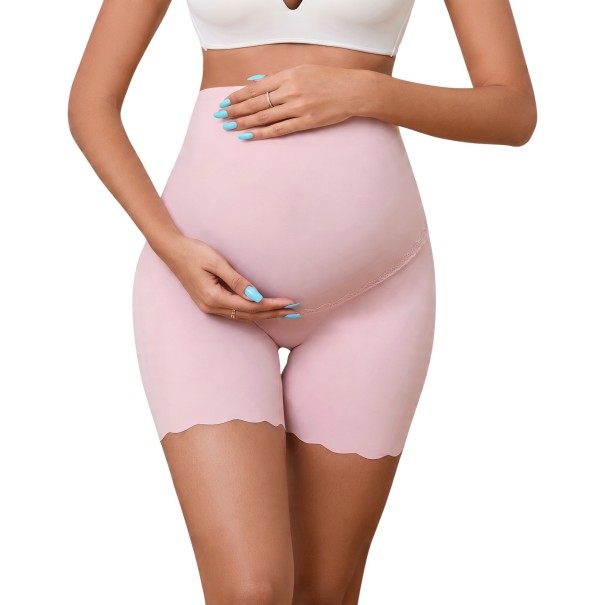 Pantaloni corti premaman senza cuciture da donna come biancheria intima con vita alta sopra la pancia e pizzo con bordo ondulato rosa chiaro L