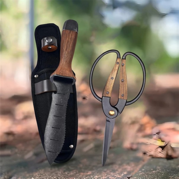 Juego de cuchillo de jardín con funda y tijeras Cuchillo 33,5 cm con sierra Tijeras 20,5 cm Mangos de madera de nogal Funda de nylon Negra y marrón 1