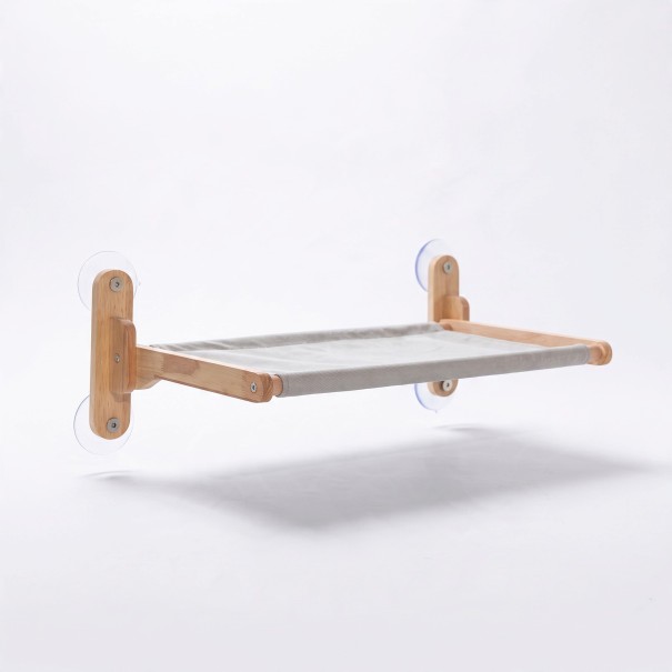 Hamaca in legno per gatti da finestra 65 x 37,5 cm Taglia L Pieghevole Con ventose senza foratura Legno di gomma e letto in tessuto Su vetro 1
